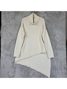 FP Beach Sweater Tunic Womens Medium Cream Cowl Neck Asym Hem Knit Long Sleeve